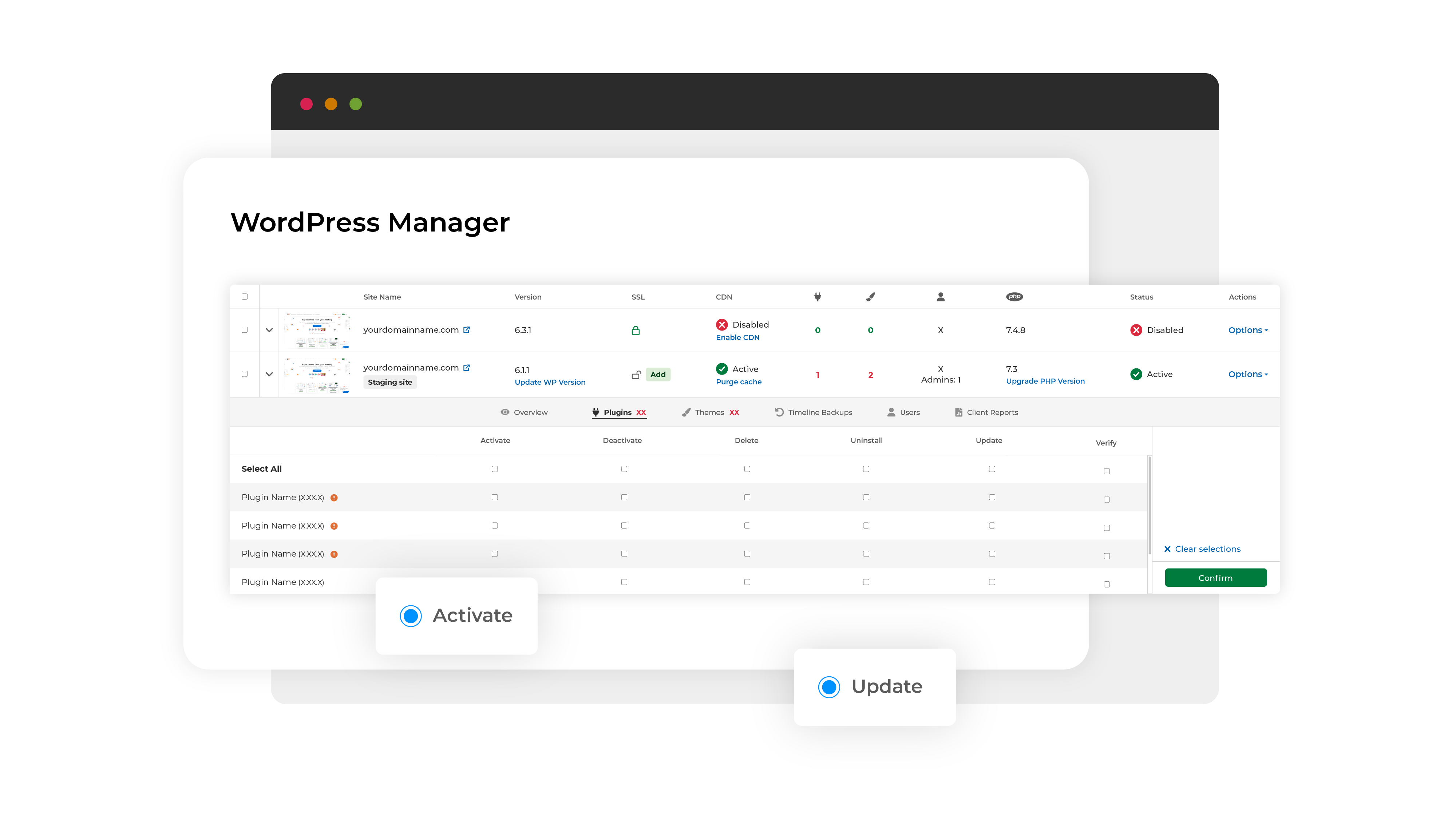 WordPress Manager bulk change dashboard